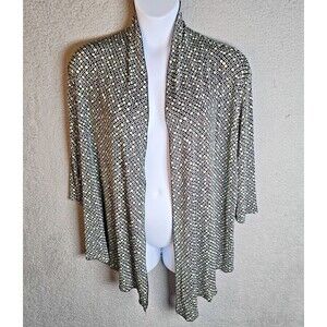 Slinky Brand Cardigan Women 2X Green Cream Brown Geometric Stretch Open Vintage